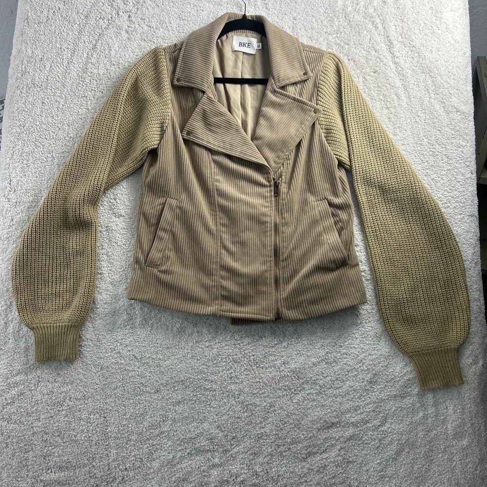 BKE Jacket Women's Tan Full Zip Pockets Acrylic Blend Knit Sleeves XS‎ Gorpcore